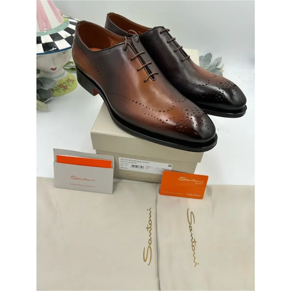 Men's Santoni gradient Brown Burnished Leather Oxford Dress Shoes size 11 US